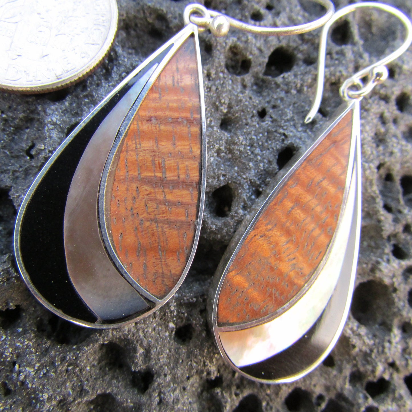 Teardrop Earrings | Ouster Shell | Hawaiian Koa Wood | Sterling Silver | Gift | Jewelry | Handmade | Unique
