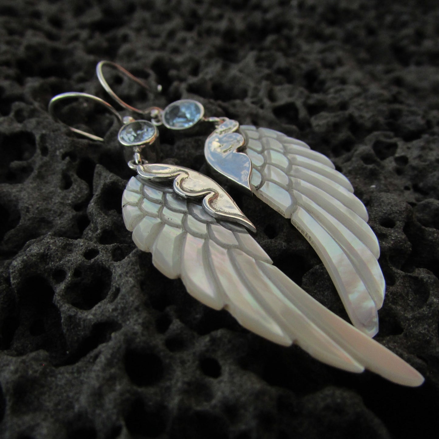 Angel Wings Earrings. Mother of Pearl. Blue Topaz. Sterling Silver.