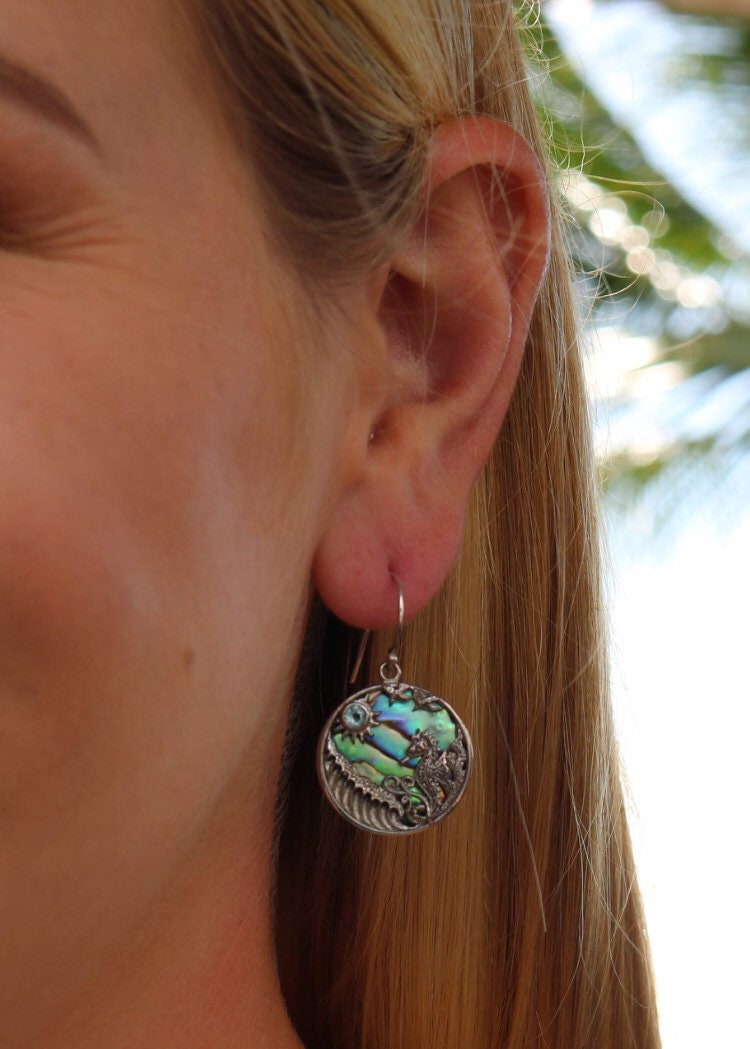 Seahorse Wave Earrings | Blue Topaz | Paua Shell | Sterling Silver | Ocean | Beach | Gift | Jewelry | Handmade | Unique