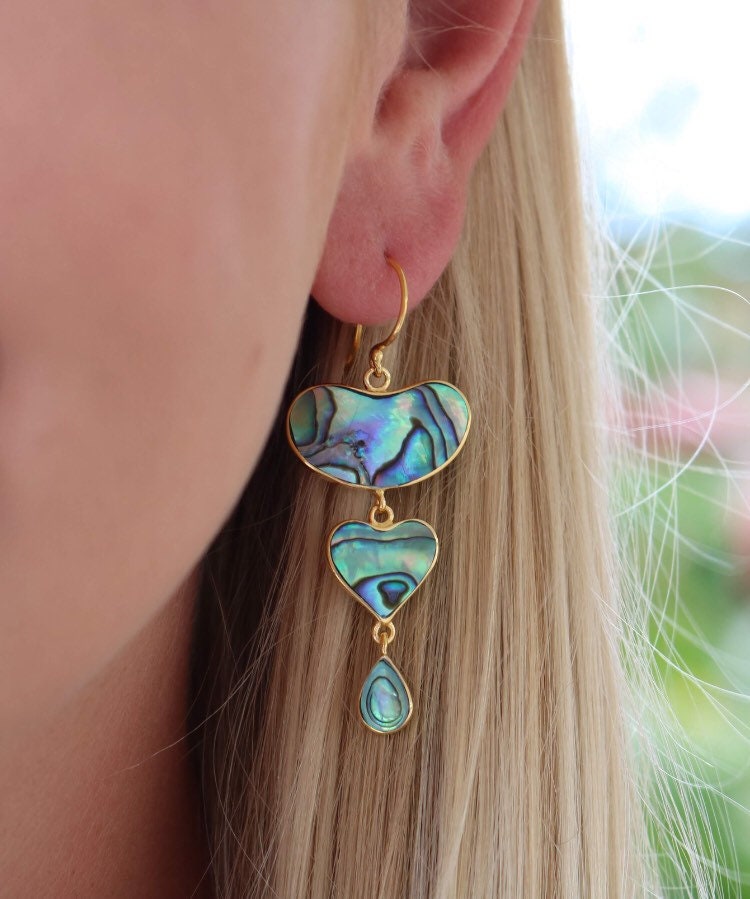 Heart Teardrop Earrings. Abalone Paua Shell. Sterling Silver.