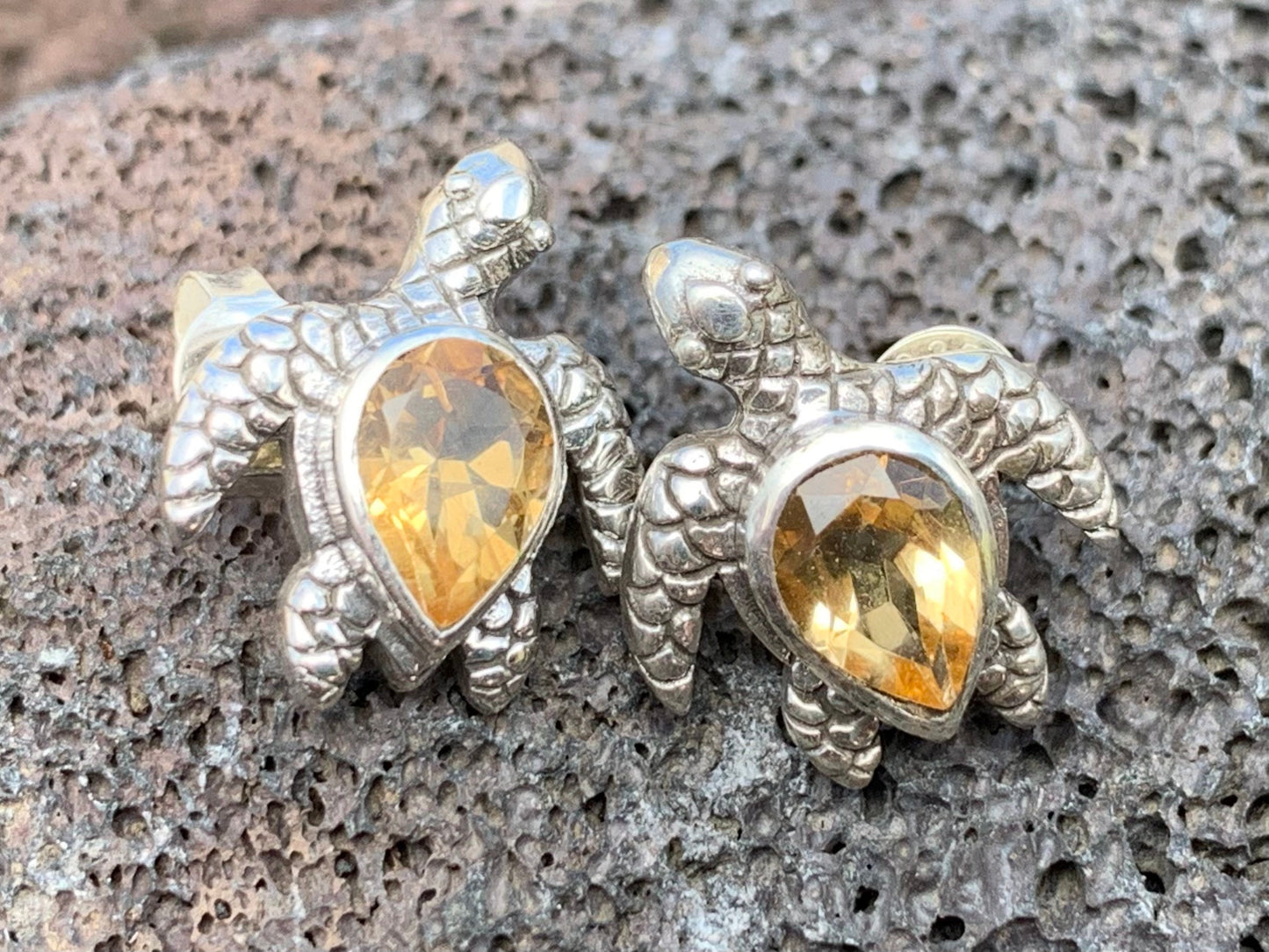 Turtle Charm Citrine Stud Earrings Sterling Silver
