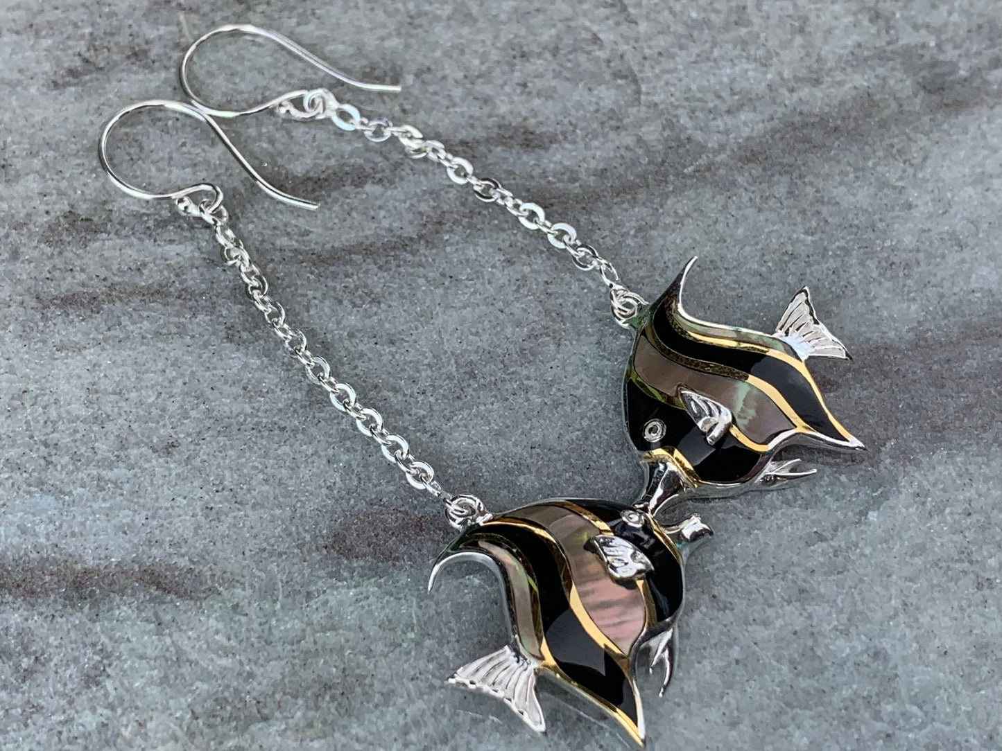 Fish Moorish Idol Hawaiian Tropical Earrings. Sterling Silver, Mother of Pearl.