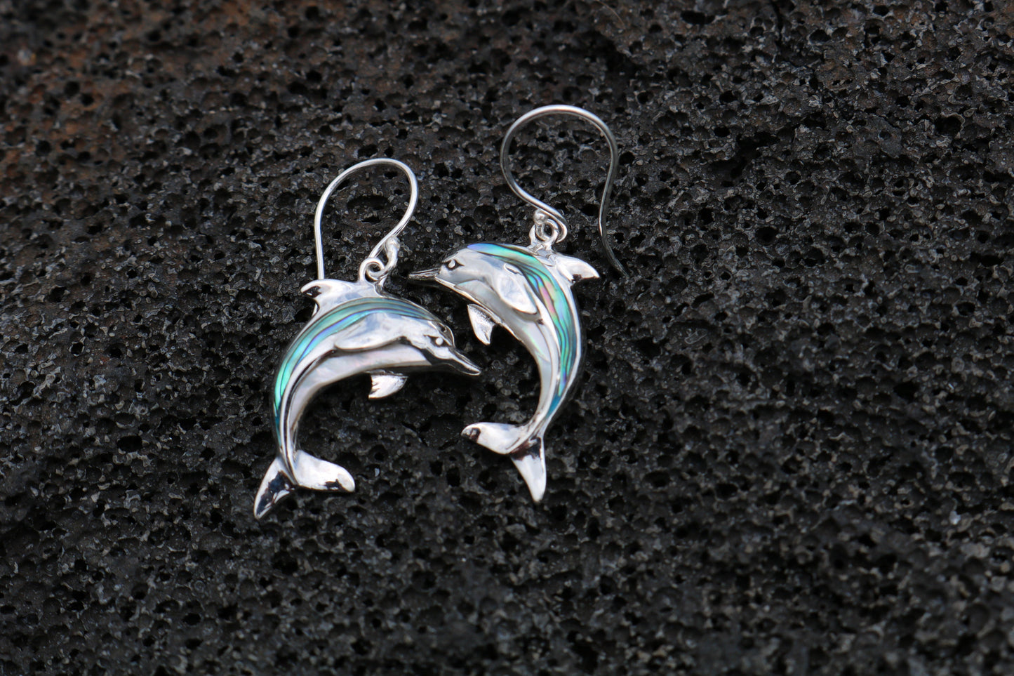 Aumakua Dolphin Earrings. Abalone Paua Shell, Mother of Pearl, Sterling Silver.
