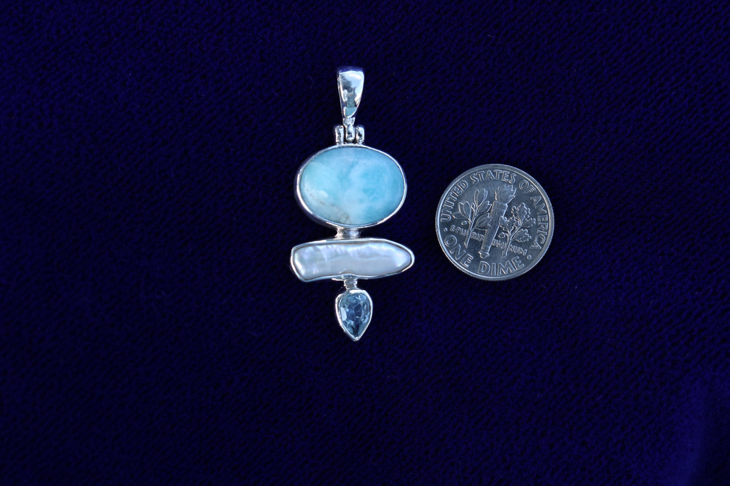 Larimar, Pearl and Blue Topaz Triple Pendant Necklace. Sterling Silver.