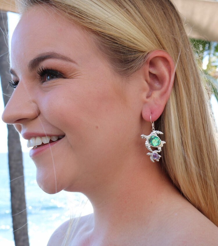 Sea Turtle Couple Earrings | Abalone Paua Shell | Amethyst | Beach | Gift | Jewelry | Handmade | Unique