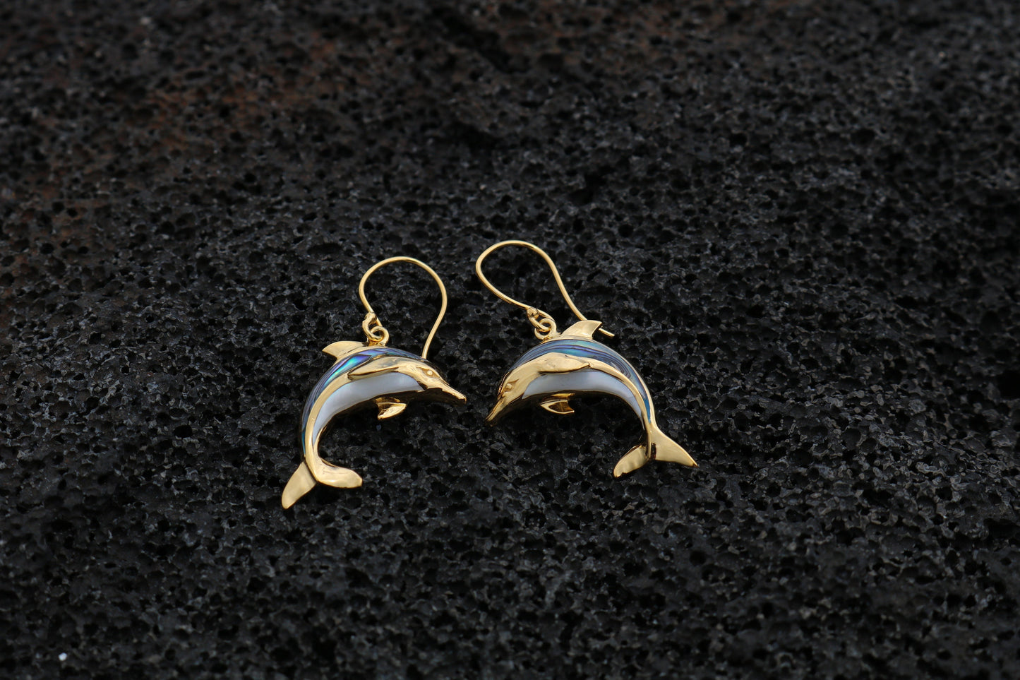 18K Gold Vermeil Aumakua Dolphins Earrings. Abalone Paua Shell, Mother of Pearl, 18K Gold, Sterling Silver.