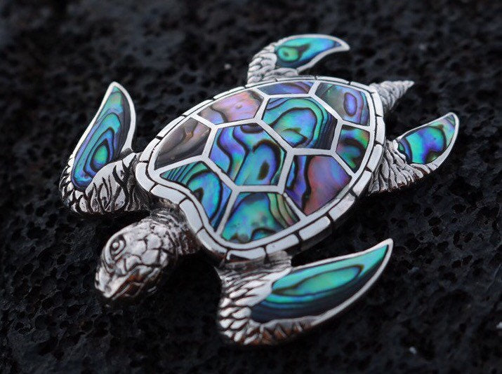 Green Sea Turtle Necklace Pendant. Hawaiian Honu. Sterling Silver, Abalone Shell.