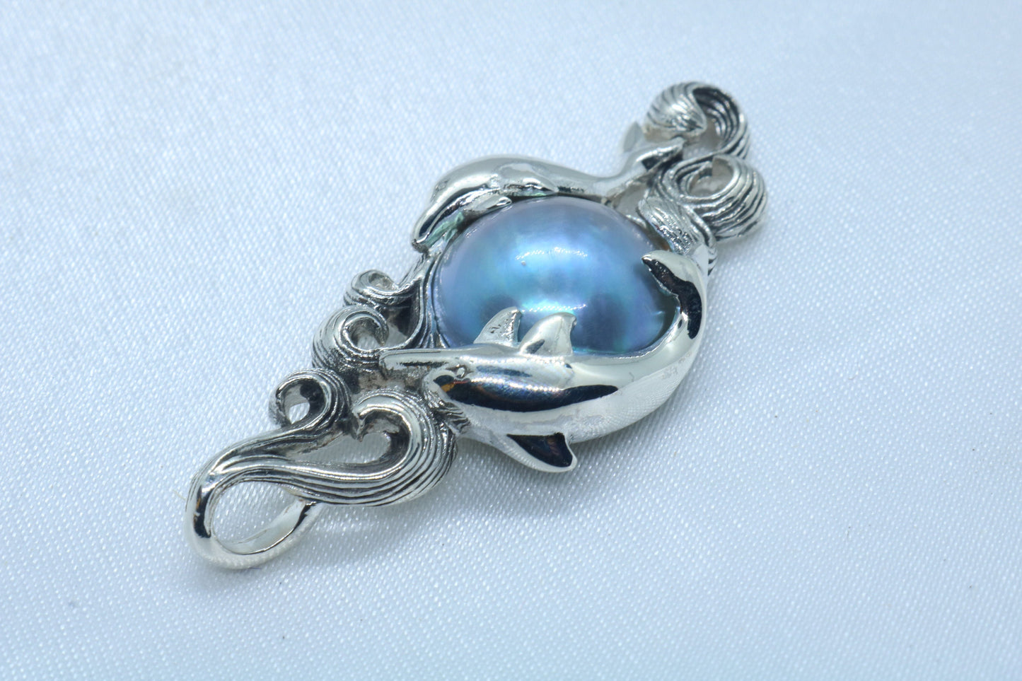 Dolphins Blue Mabe Pearl Silver Pendant Necklace