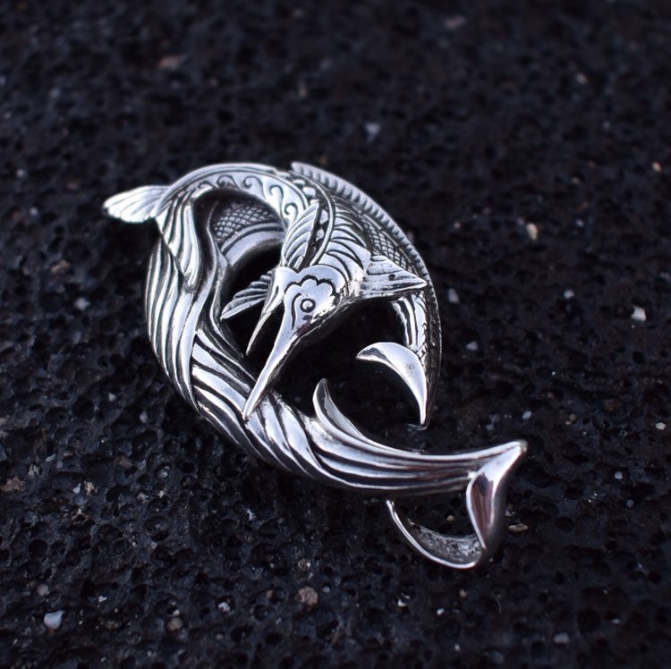 Fishing Hook Necklace Pendant with Marlin. Sterling Silver.