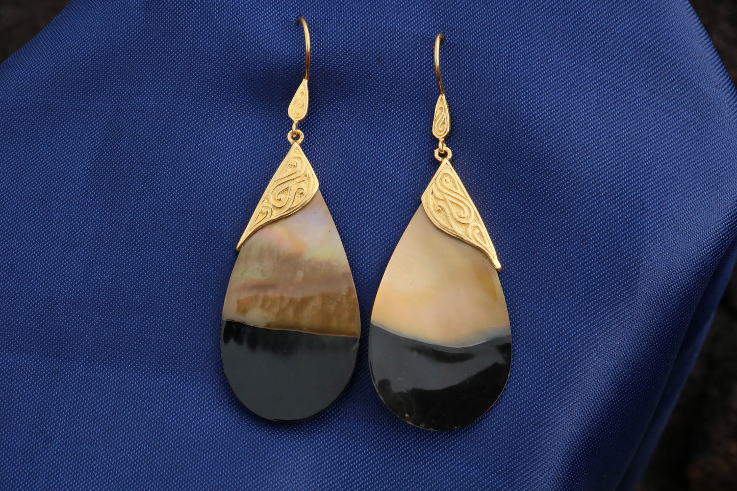 18k Gold Teardrop Black Oyster Shell Earrings Tribal Design. Sterling Silver.