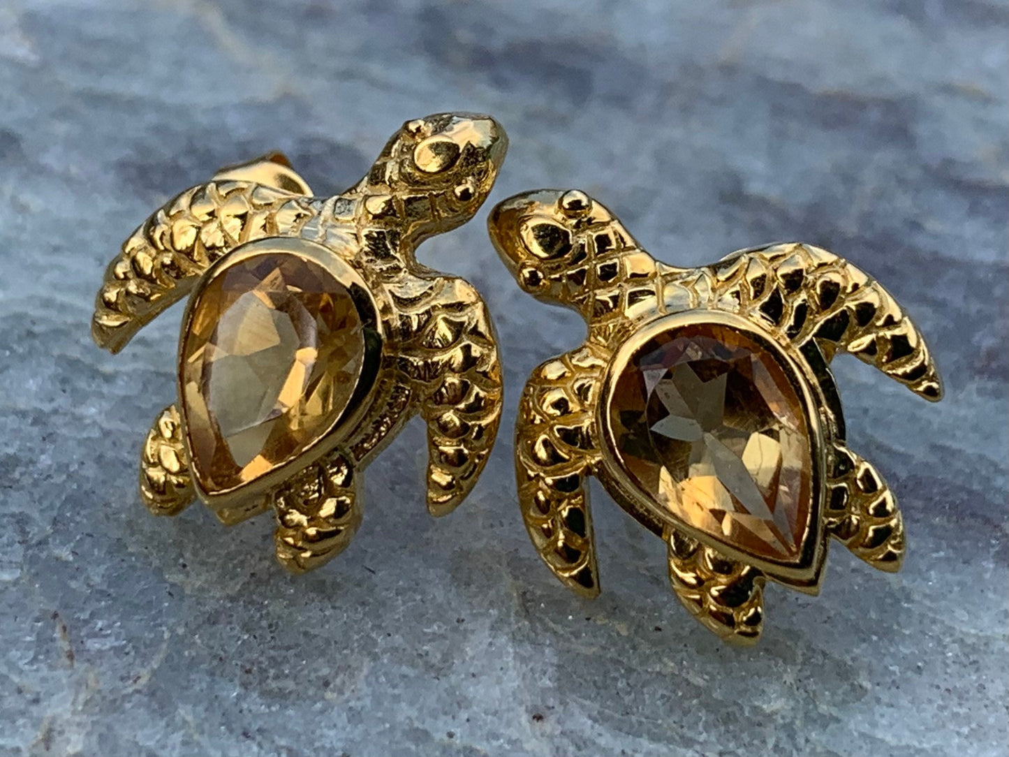 Turtle charm citrine gold vermeil stud earrings