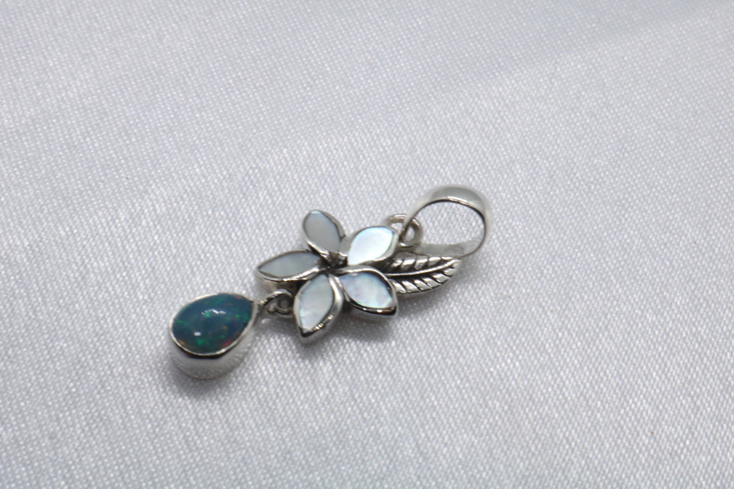 Opal Plumeria Flower Silver Mother of Pearl Necklace Pendant