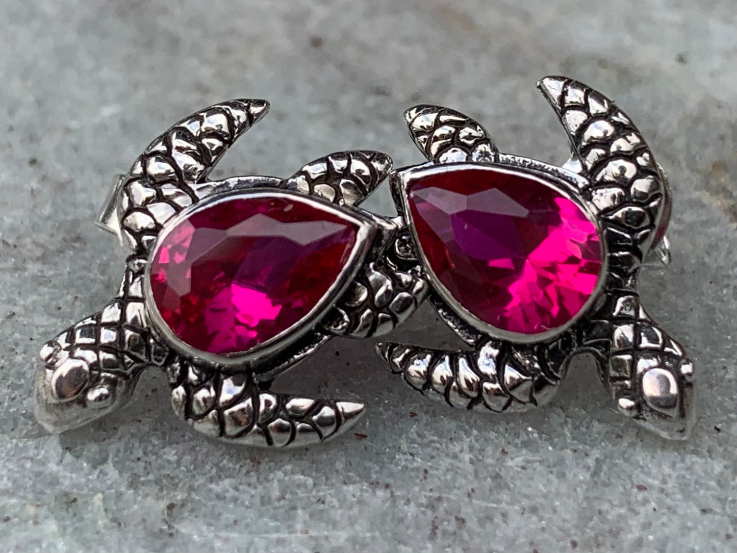 Ruby turtle earrings studs. Sterling silver.