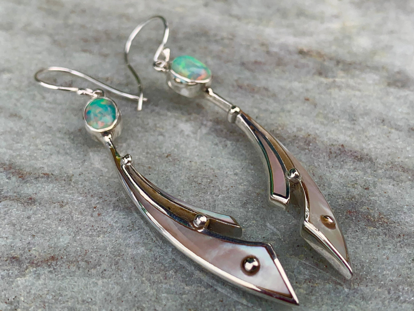 Opal Ocean Wave Earrings. Mother of Pearl, Sterling Silver.