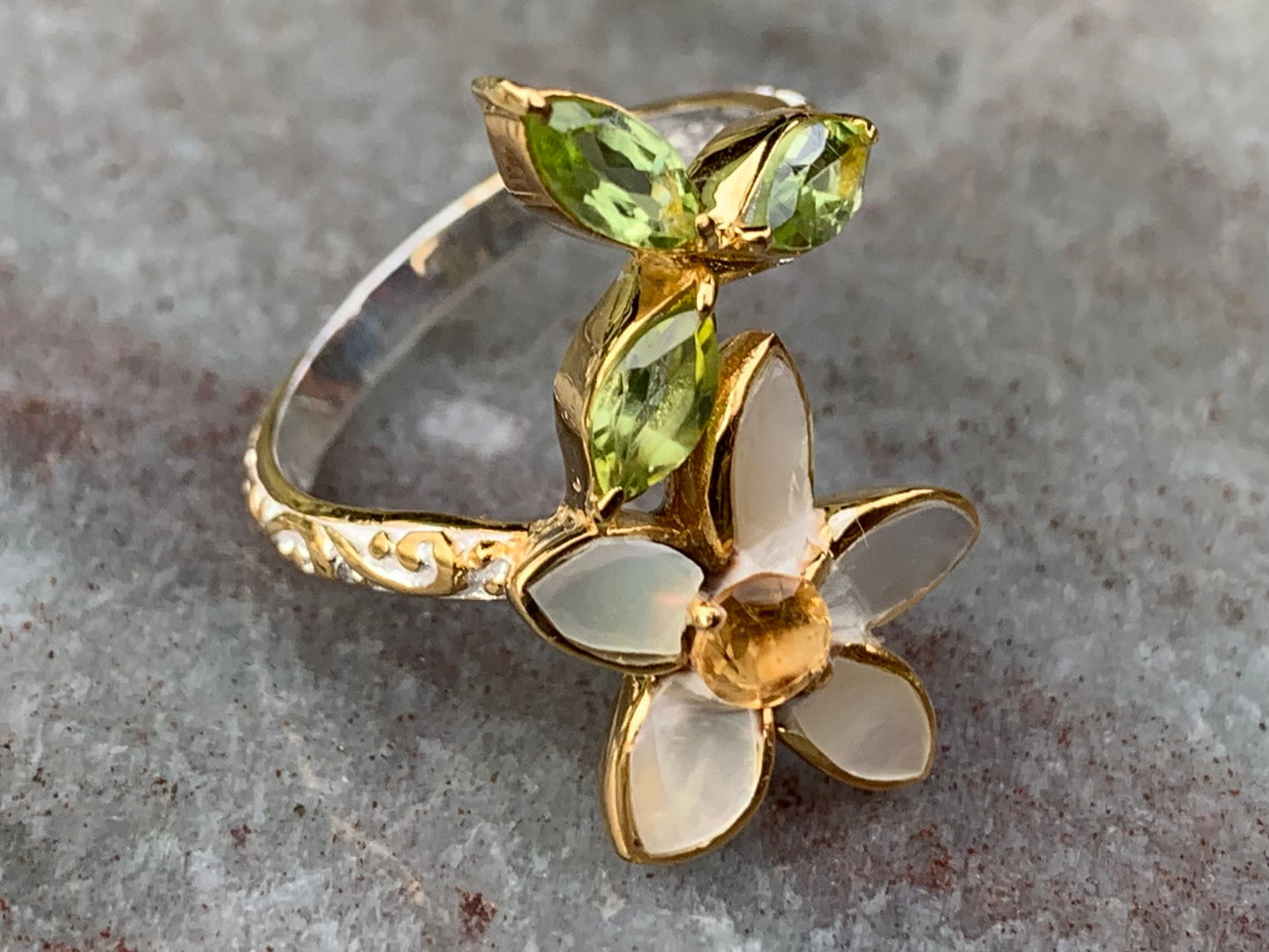 Plumeria Flower Ring. Gold, Silver, Citrine, Peridot, Mother of Pearl.