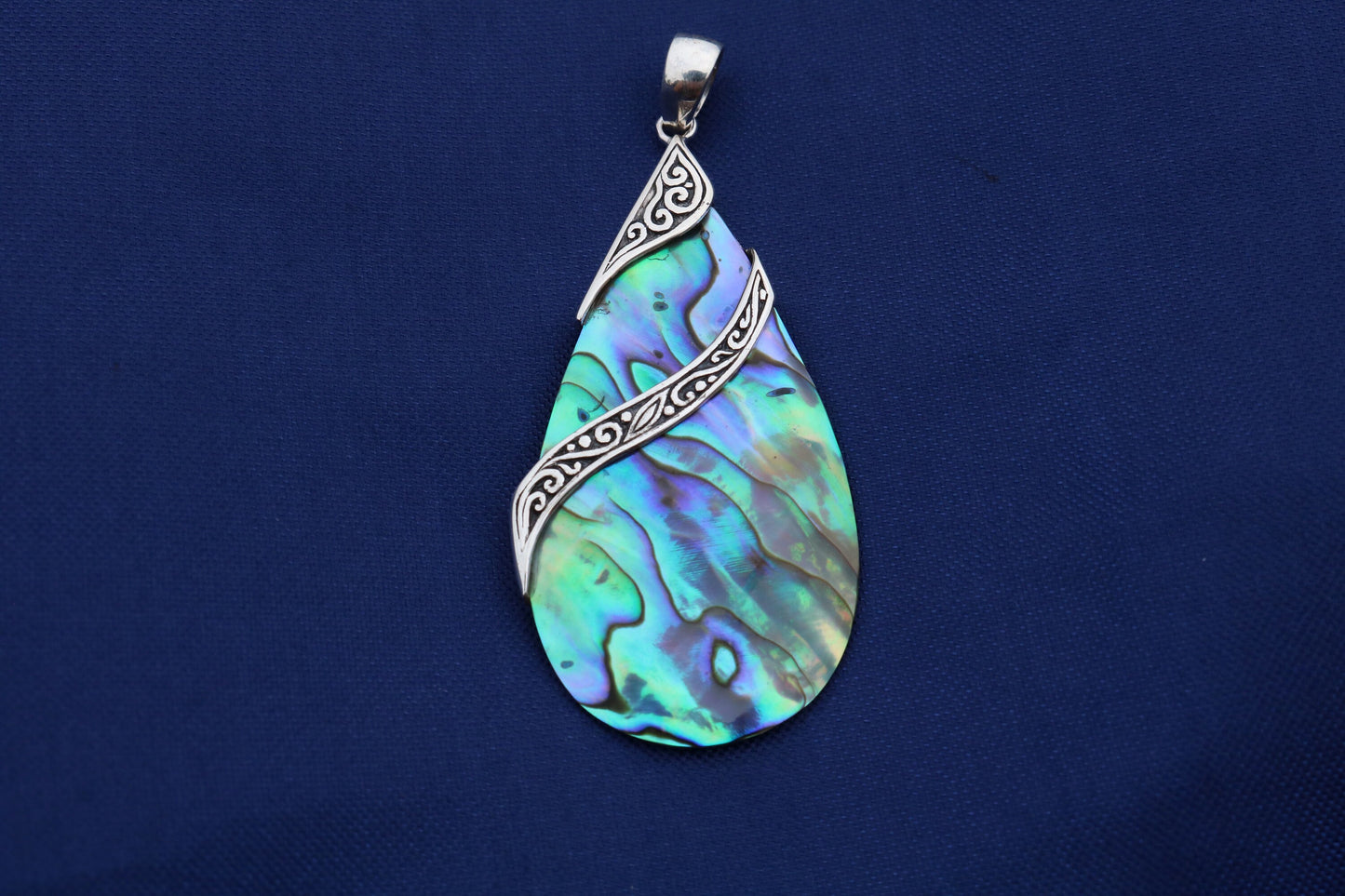 Abalone Paua Shell Teardrop Pendant Necklace Double Tribal Design. Sterling Silver.