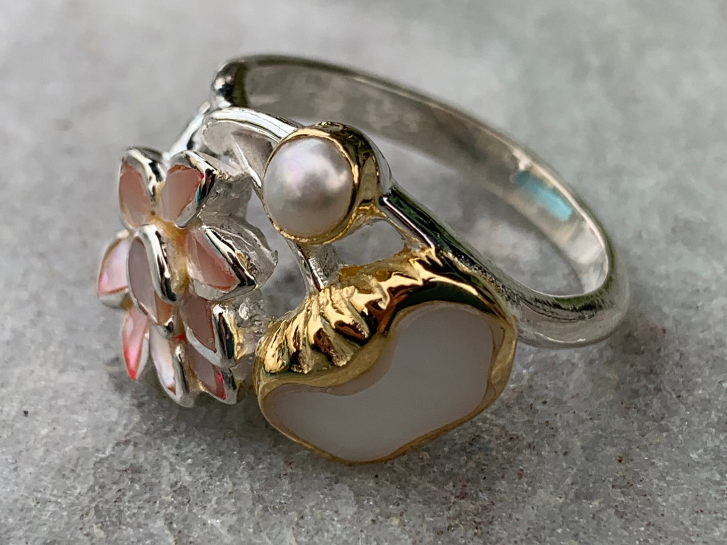 Pink Lotus Flower Ring. Sterling Silver, Pearl, Gold, Mother of Pearl.