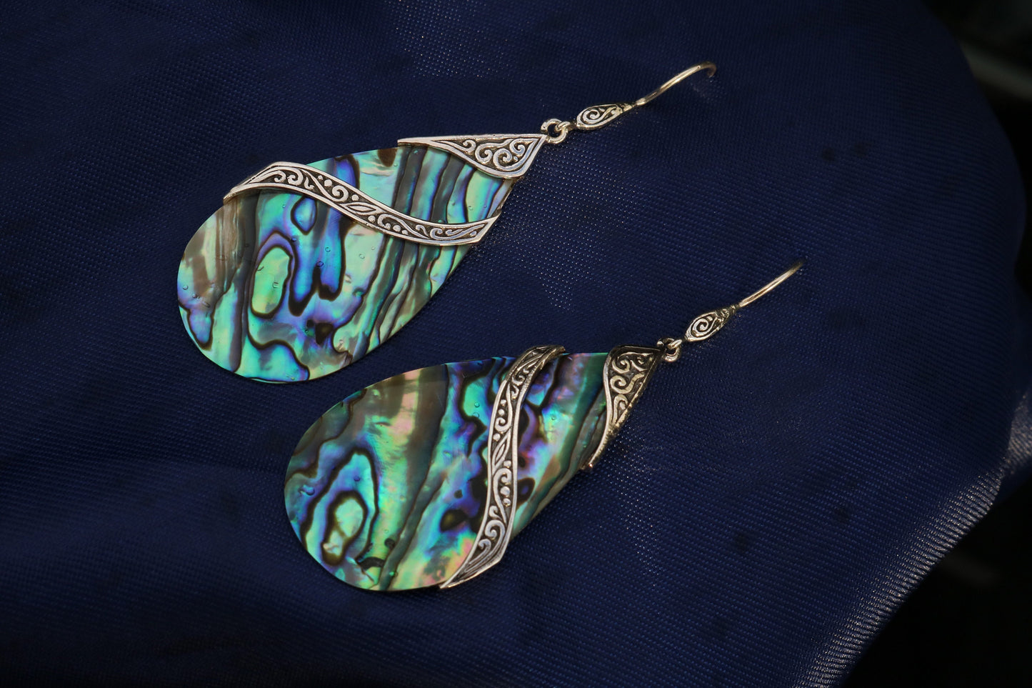 Abalone Shell Teardrop Earrings Double Tribal Design. Sterling Silver.