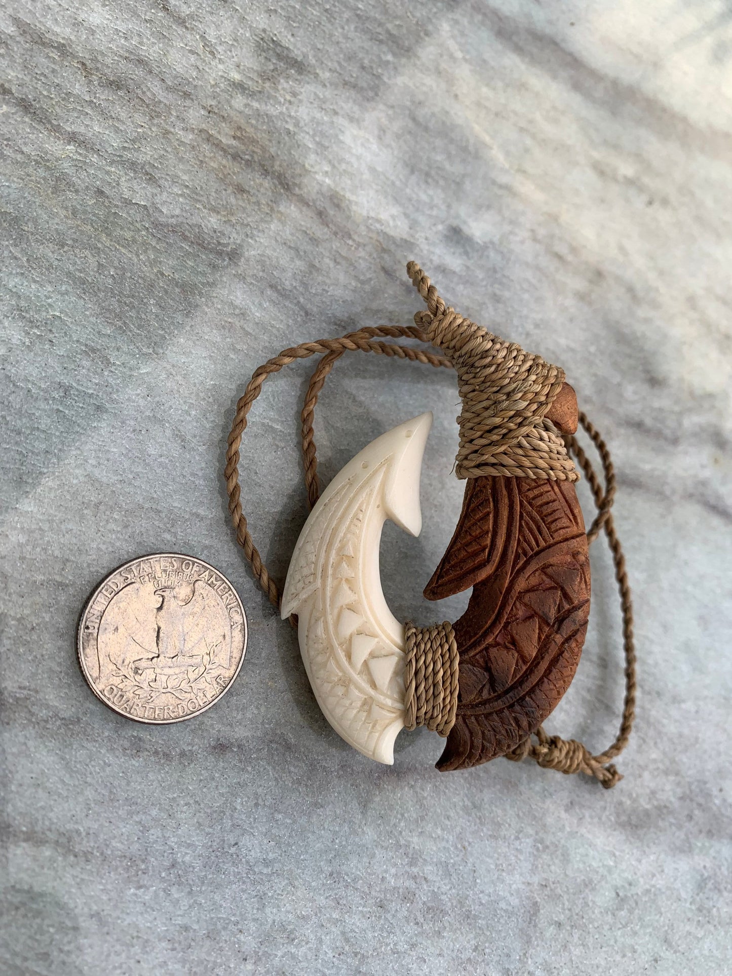 Hawaiian Makau Polynesian Matau Maui Carved Fish Hook Necklace. Bone, Wood.