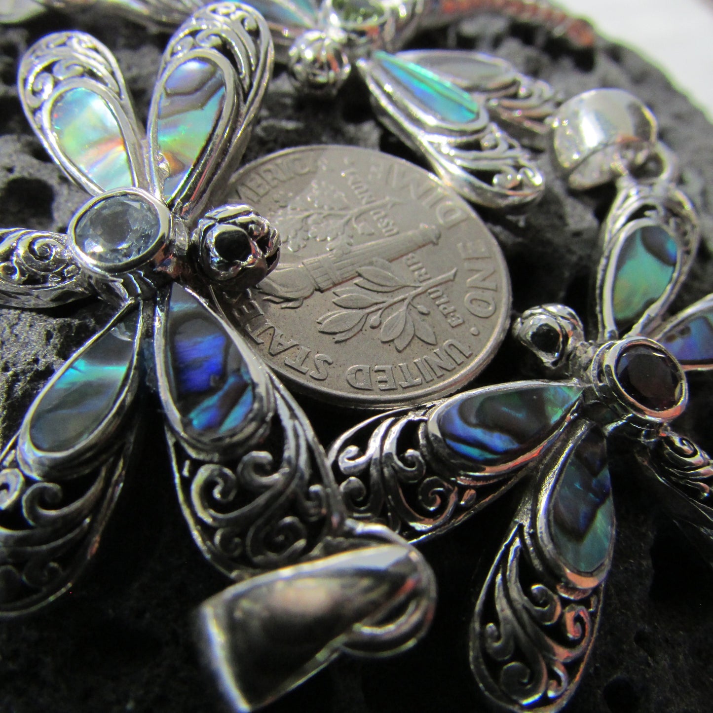 Dragonfly Necklace Pendant | Sterling Silver | Abalone Shell | Peridot | Amethyst | Blue Topaz | Gift | Jewelry | Handmade | Unique