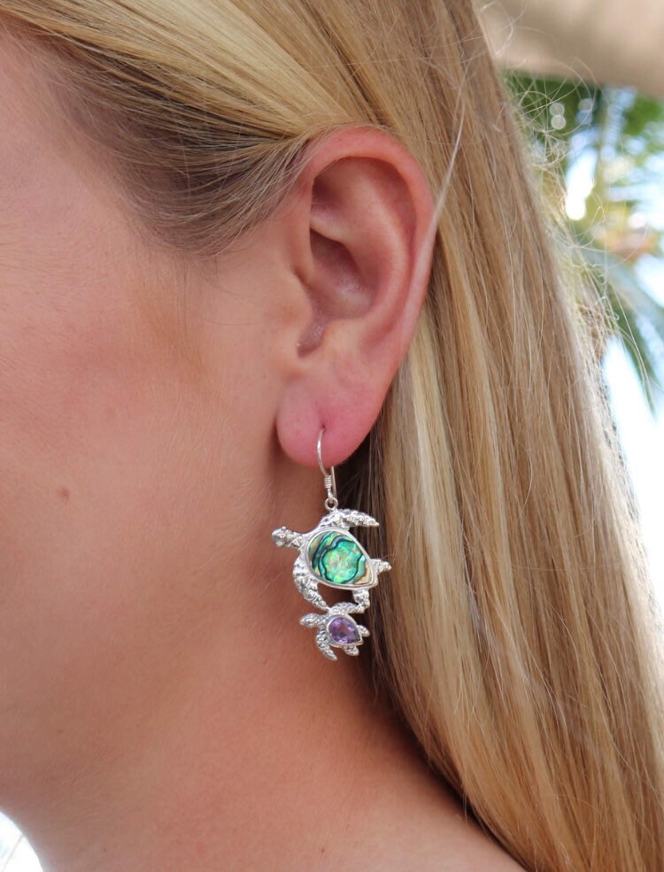 Sea Turtle Couple Earrings | Abalone Paua Shell | Amethyst | Beach | Gift | Jewelry | Handmade | Unique
