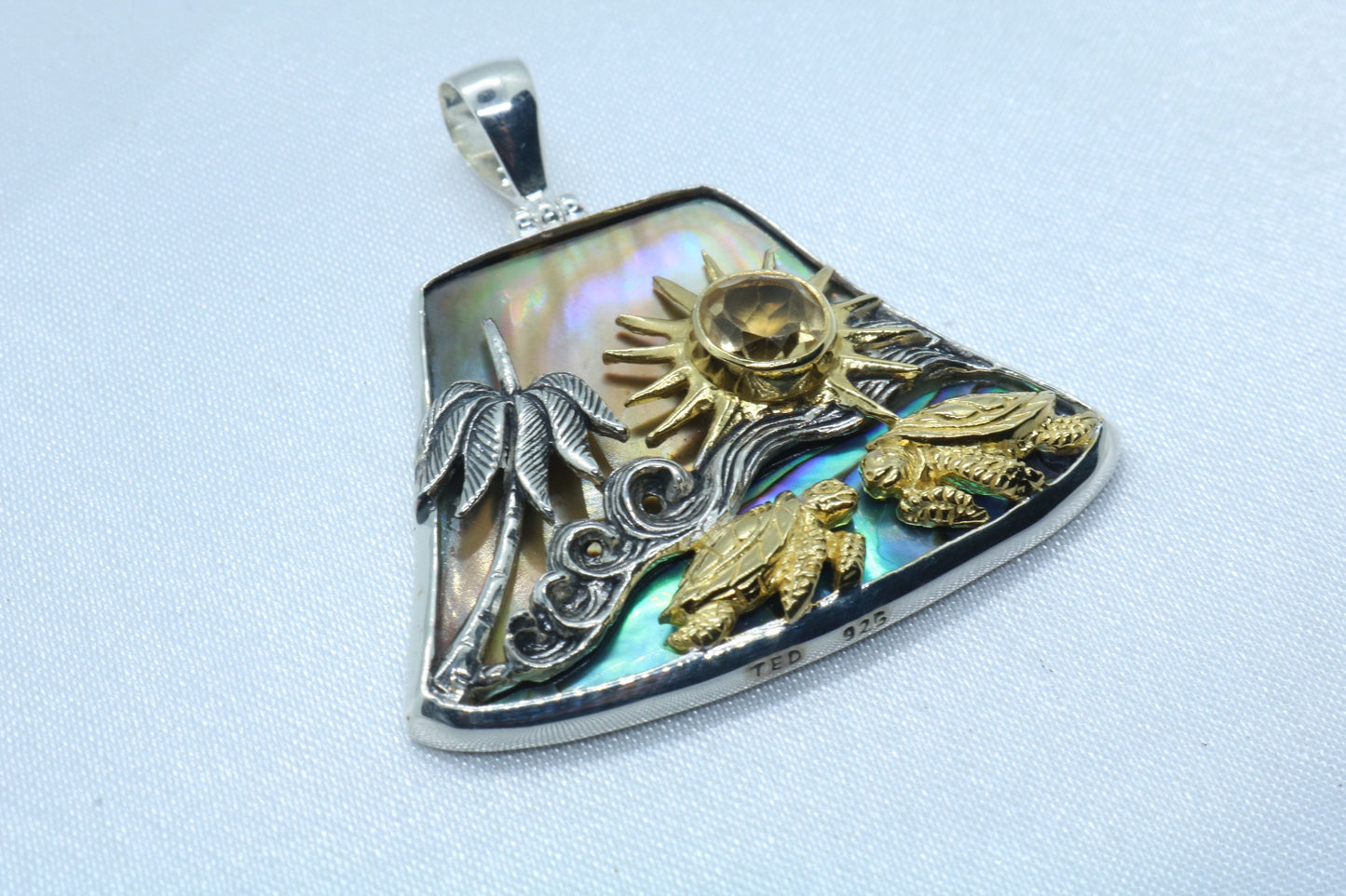 Sun Wave Beach Palm Tree Turtle Play Necklace Pendant. Silver, Gold, Abalone Shell, Citrine.