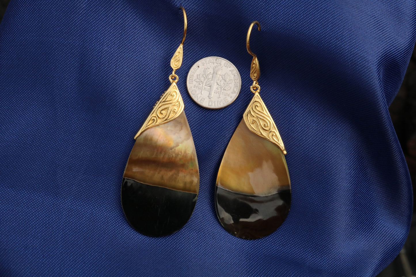 18k Gold Teardrop Black Oyster Shell Earrings Tribal Design. Sterling Silver.