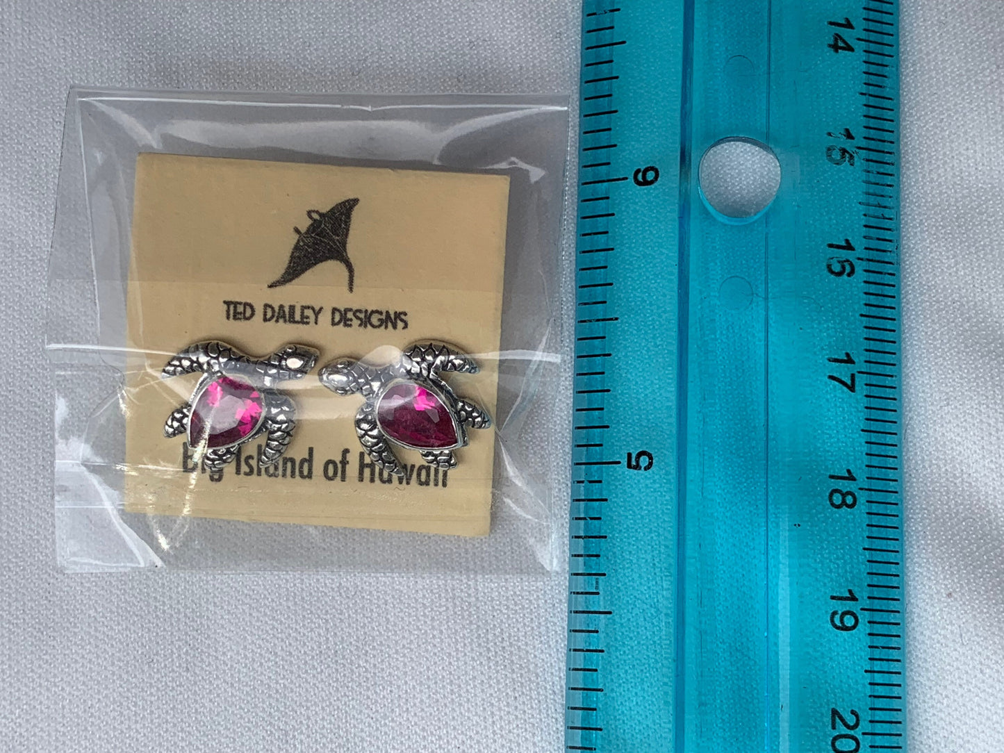 Ruby turtle earrings studs. Sterling silver.
