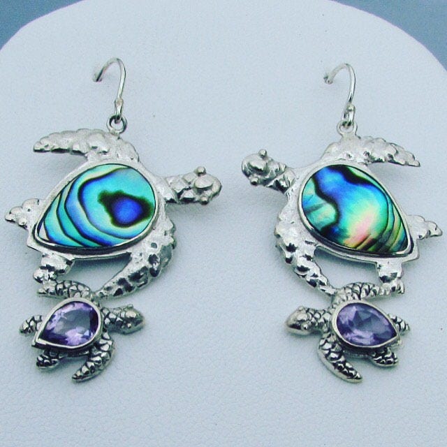 Sea Turtle Couple Earrings | Abalone Paua Shell | Amethyst | Beach | Gift | Jewelry | Handmade | Unique