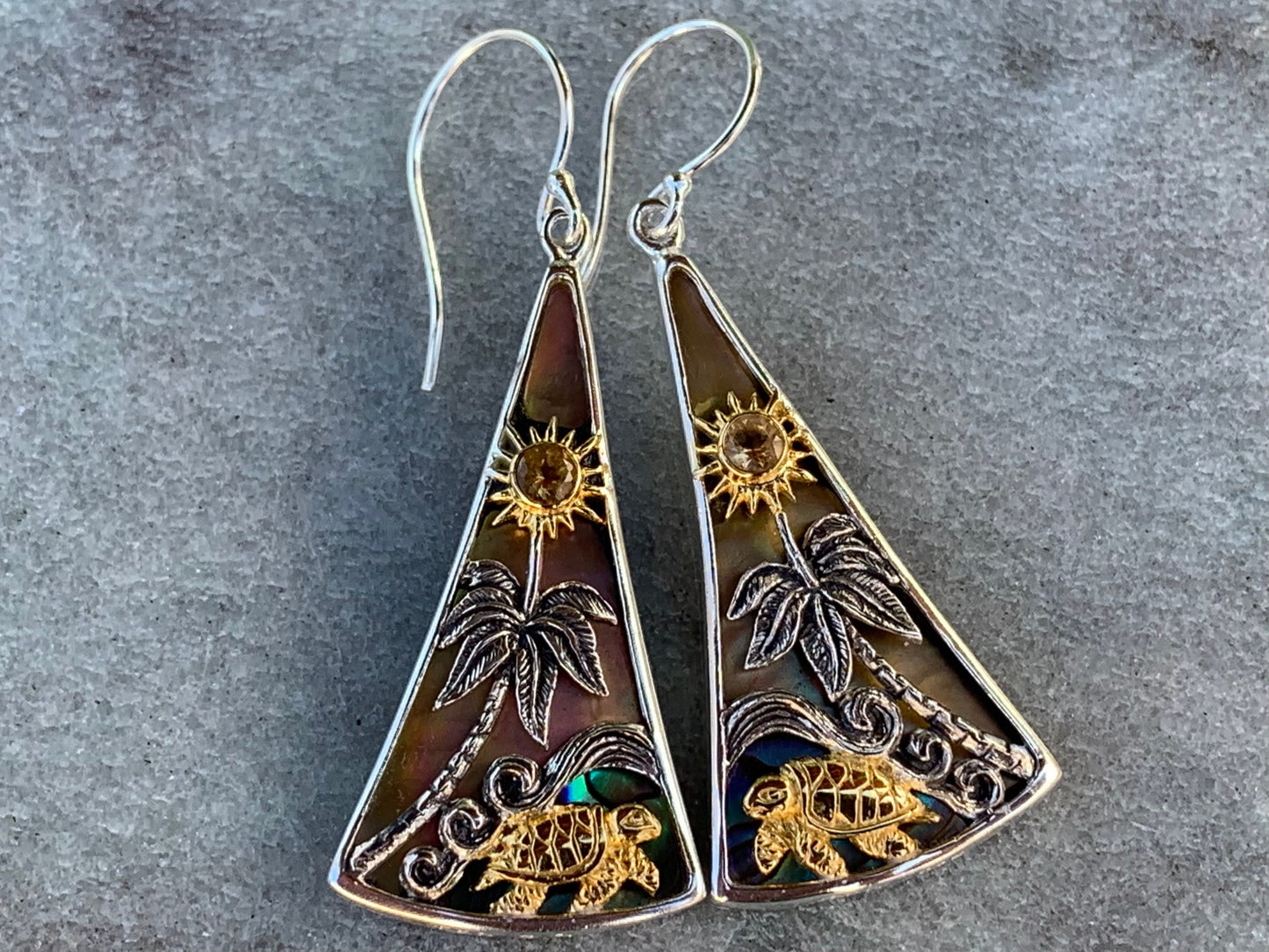 Turtle Sun Wave Palm Tree Citrine Abalone Shell Gold Silver Earrings