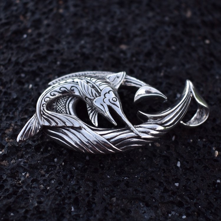 Fishing Hook Necklace Pendant with Marlin. Sterling Silver.