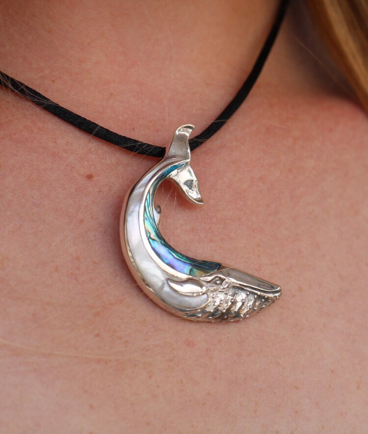 Whale Necklace Pendant. Sterling Silver. Abalone Shell. Mother of Pearl.