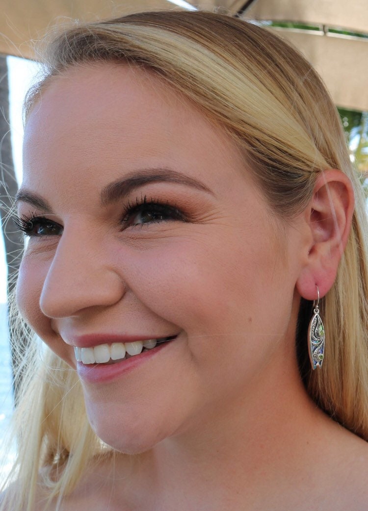 Surfboard Earrings with Polynesian Tattoo Design. Peridot. Abalone Paua Shell. Sterling Silver.