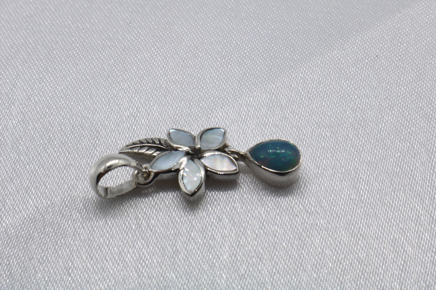 Opal Plumeria Flower Silver Mother of Pearl Necklace Pendant