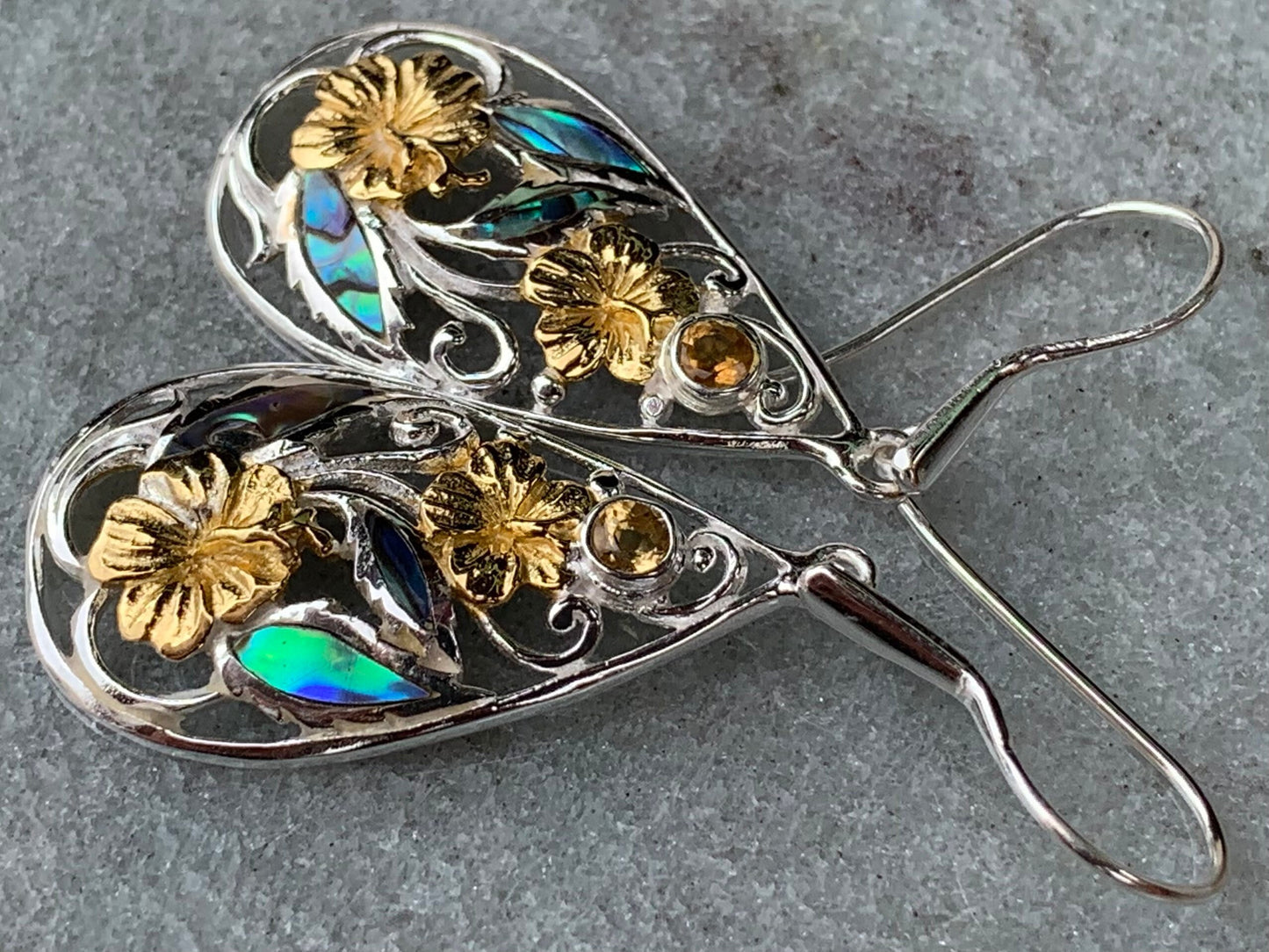 Hibiscus Flower Citrine Silver Gold Abalone Shell Earrings