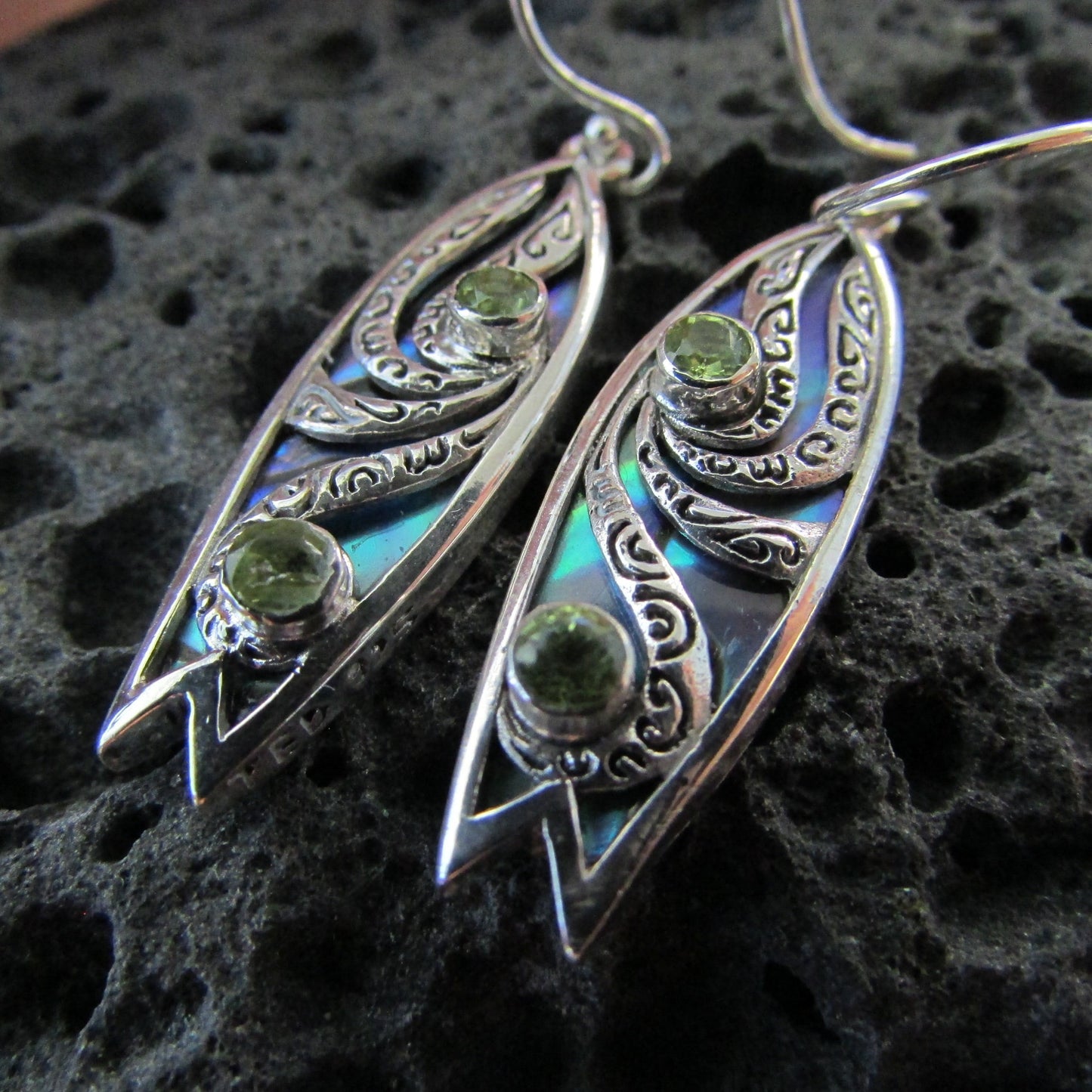 Surfboard Earrings with Polynesian Tattoo Design. Peridot. Abalone Paua Shell. Sterling Silver.