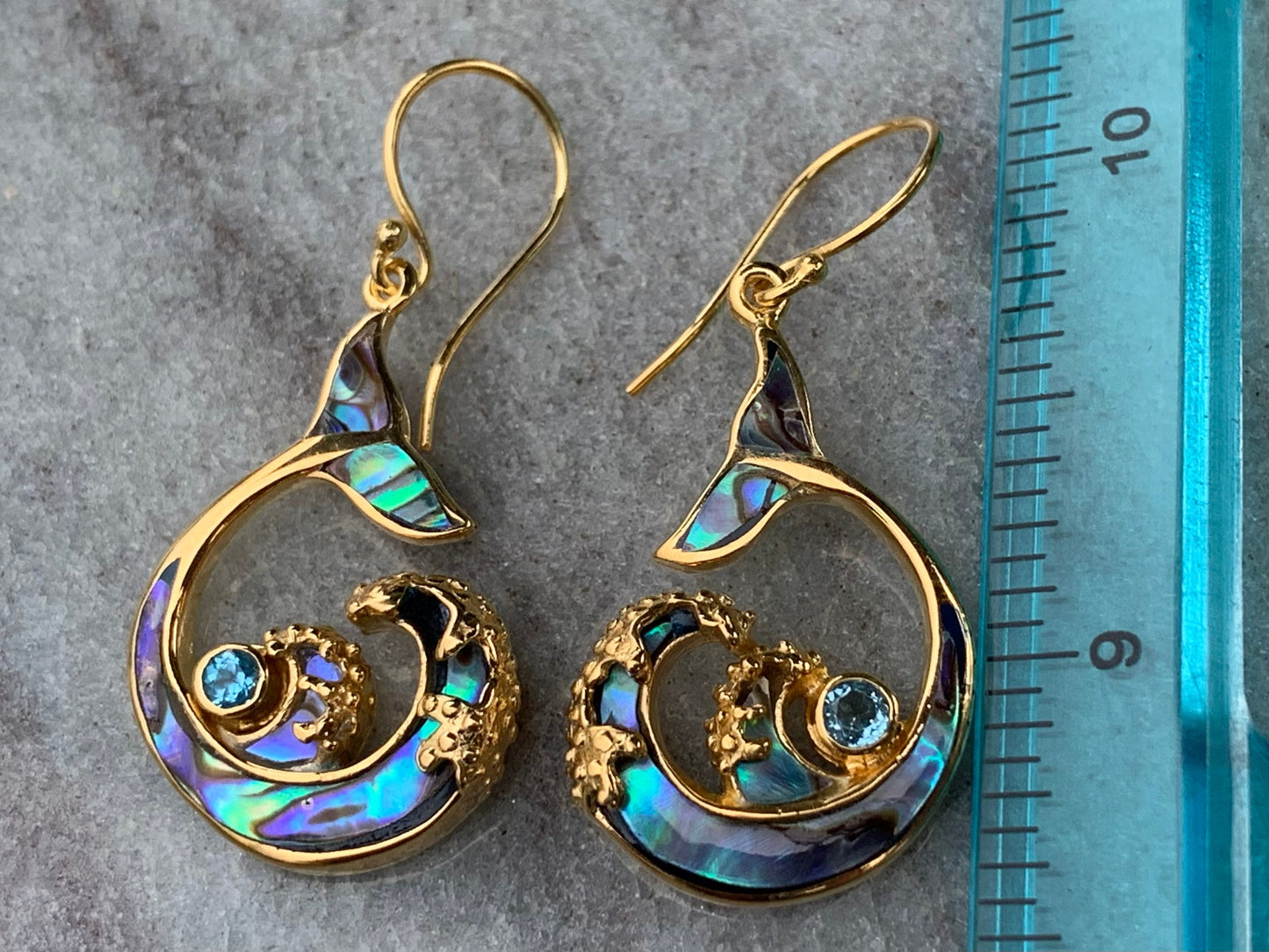 Whale Tail and Wave Swiss Blue Topaz 18k Gold Vermeil Earrings