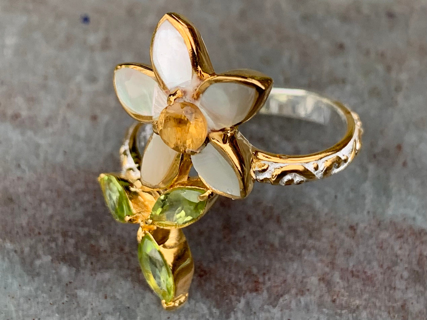 Plumeria Flower Ring. Gold, Silver, Citrine, Peridot, Mother of Pearl.