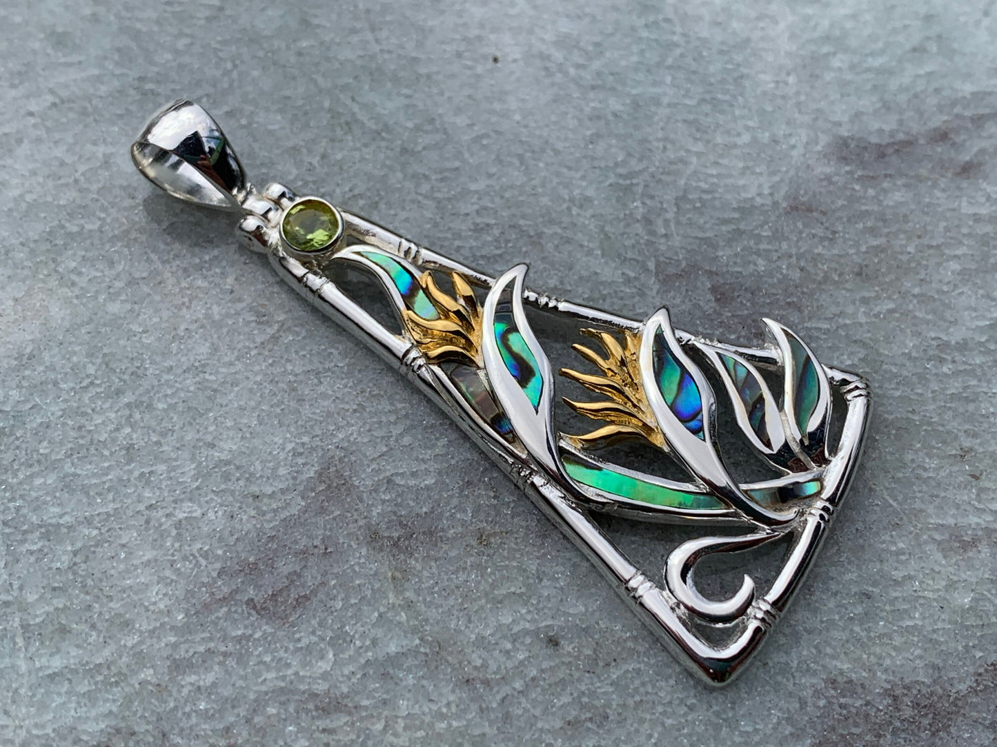 Bird of Paradise Flower Peridot Silver Gold Shell Necklace Pendant