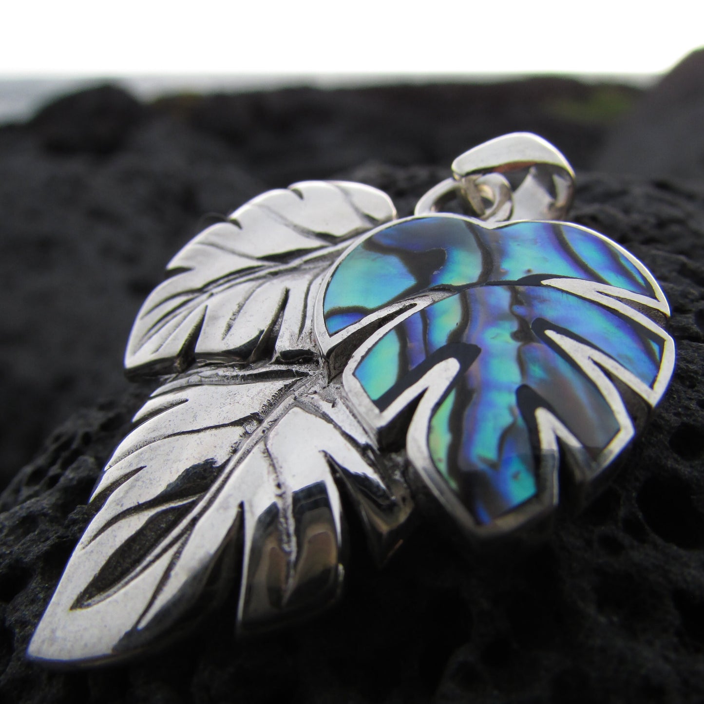 Monstera Leaf Flower Pendant Necklace | Paua Abalone Shell | Sterling Silver | Gift | Jewelry | Handmade | Unique