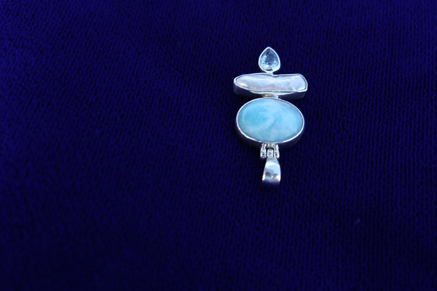 Larimar, Pearl and Blue Topaz Triple Pendant Necklace. Sterling Silver.