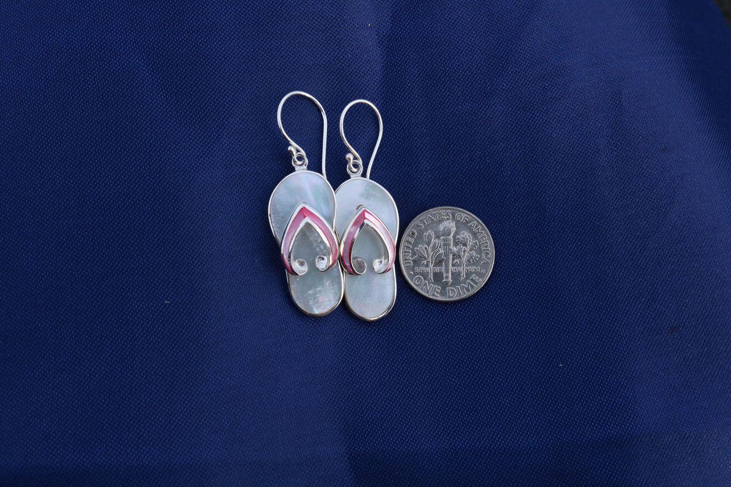 Beach Slippers Flip Flops Charm Earrings. Sterling Silver, Mother of Pearl, Abalone Shell.