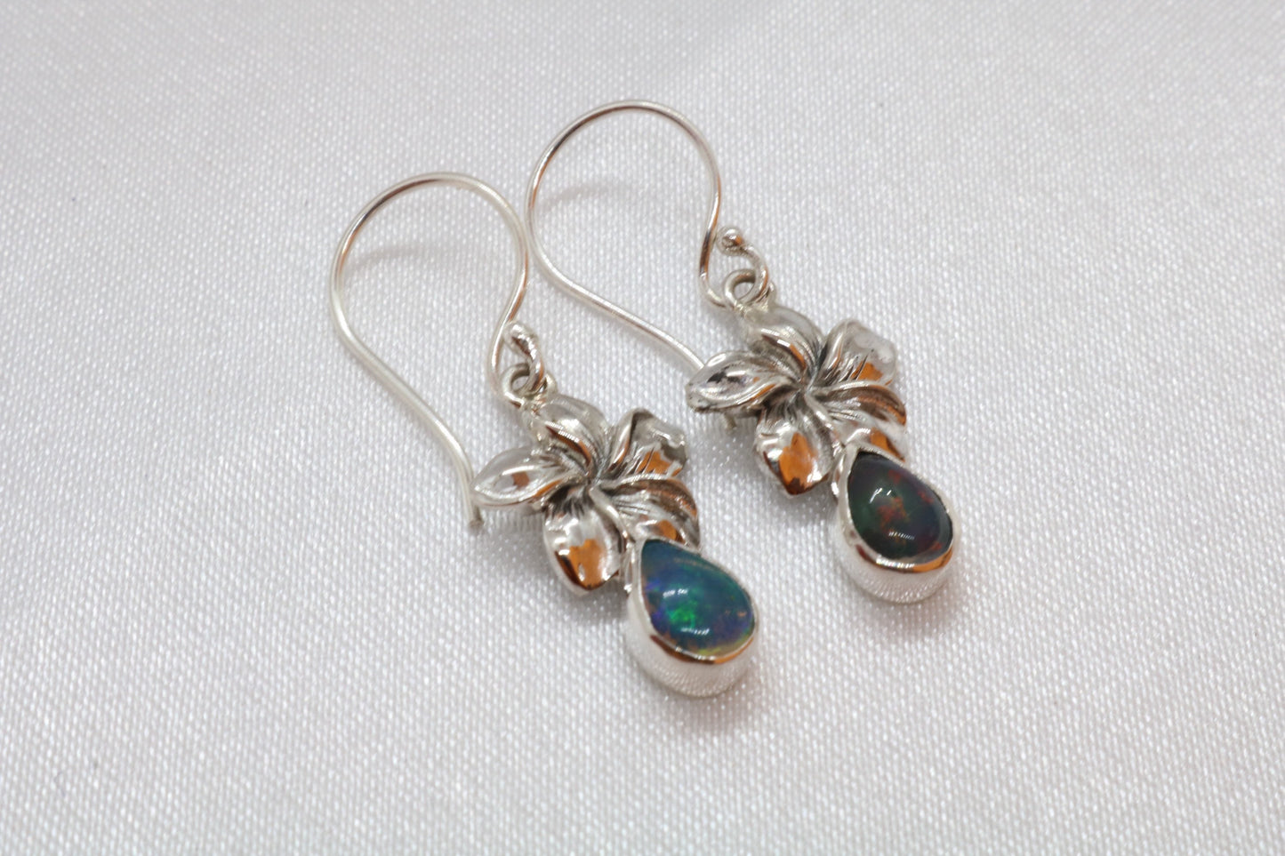 Opal Plumeria Flowers Silver Earrings