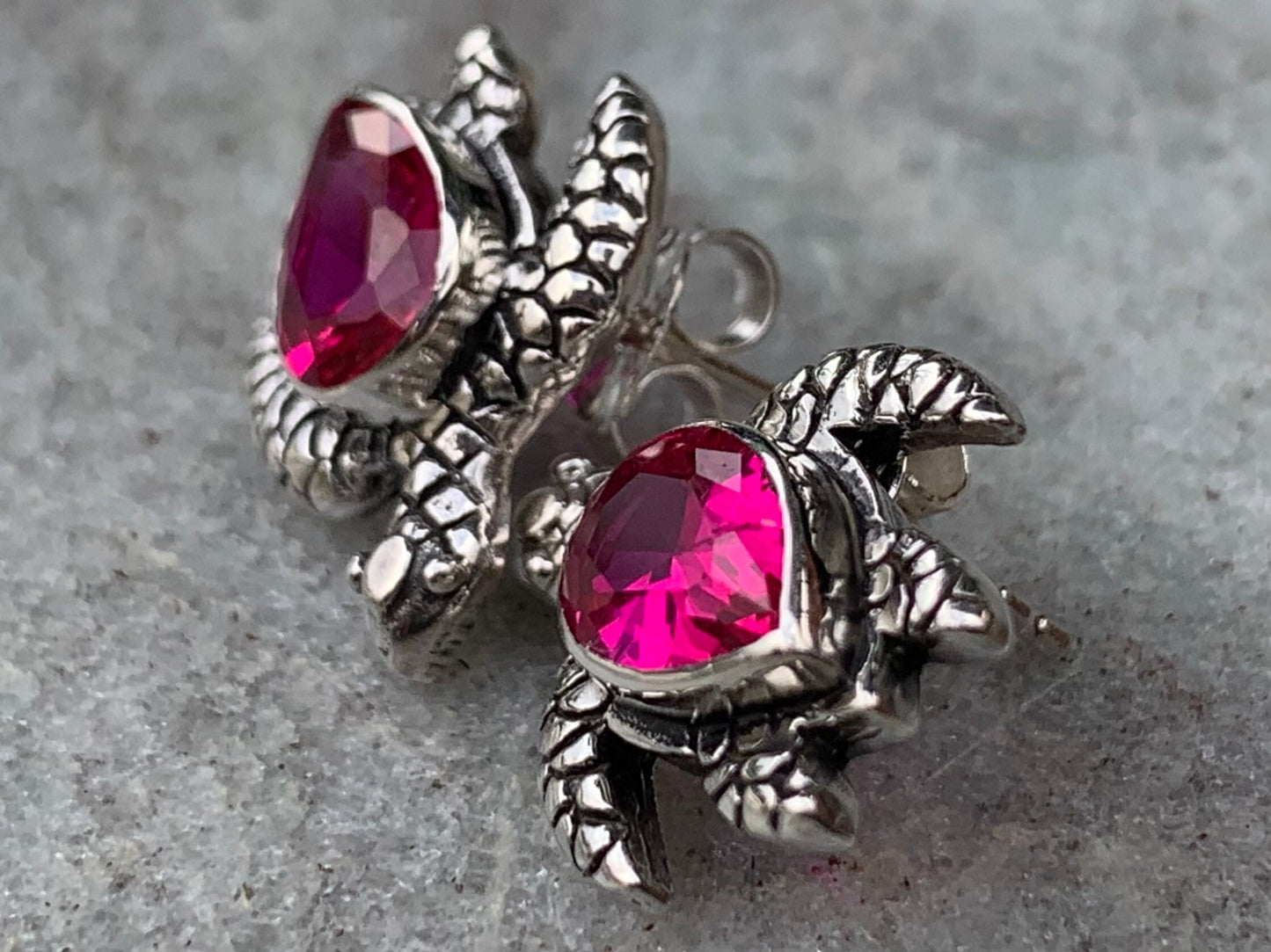 Ruby turtle earrings studs. Sterling silver.