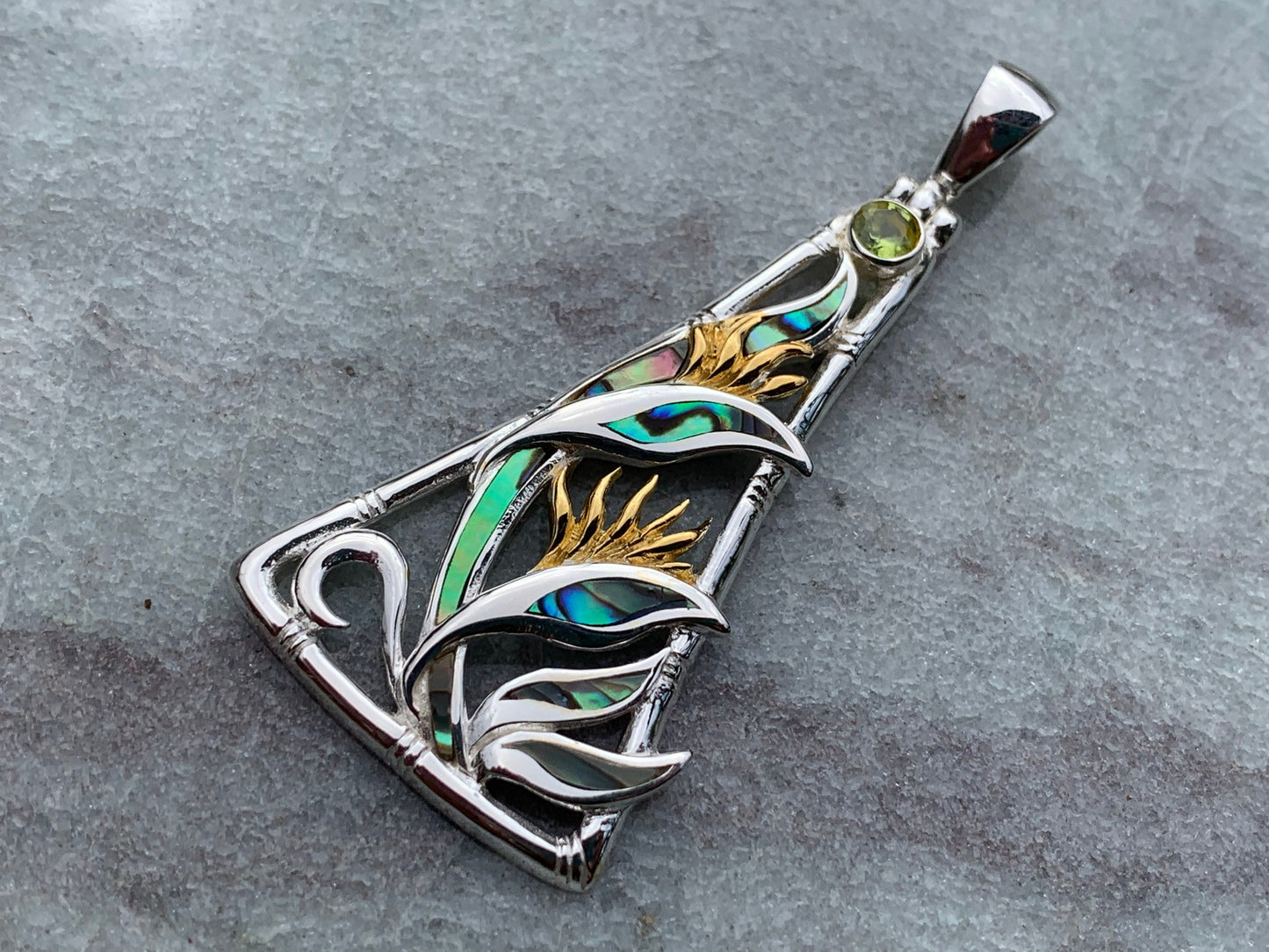 Bird of Paradise Flower Peridot Silver Gold Shell Necklace Pendant