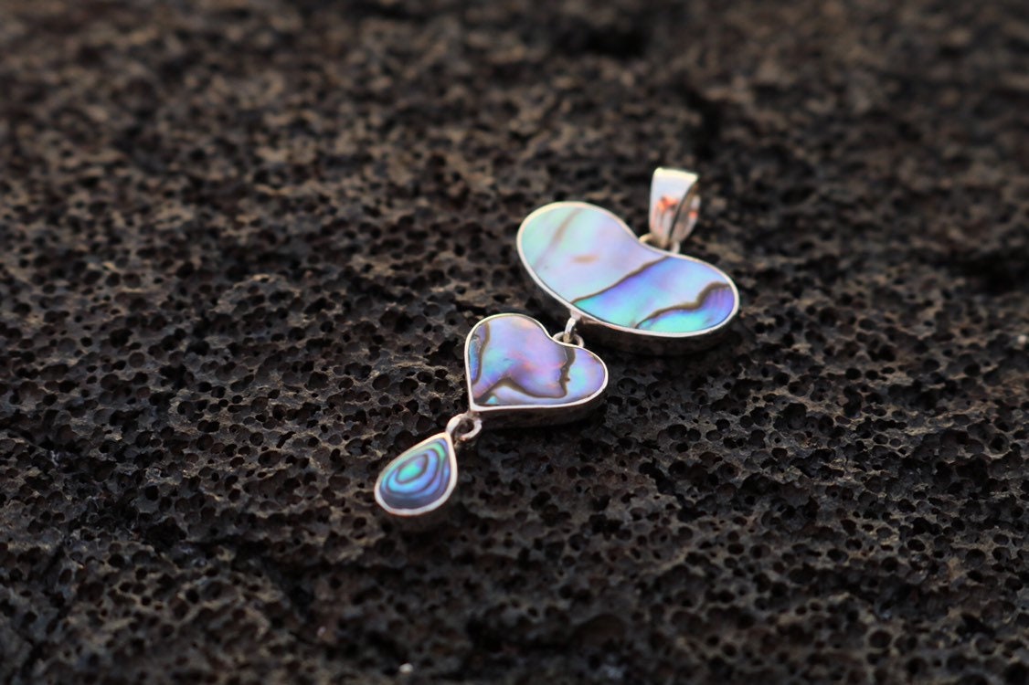Teardrop Heart Necklace Pendant. Sterling Silver, Abalone Shell.