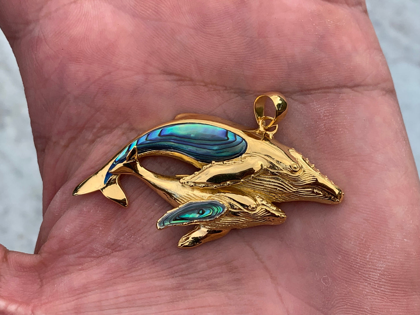 Mother and Baby Humpback Whale Necklace Pendant. 18k Gold Vermeil, Abalone Paua Shell.
