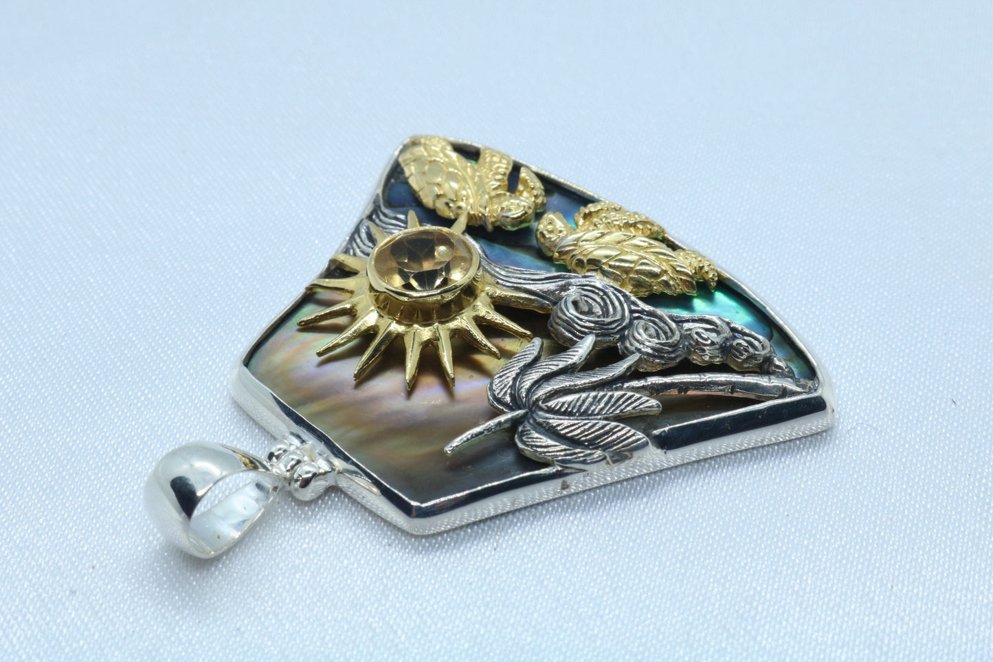 Sun Wave Beach Palm Tree Turtle Play Necklace Pendant. Silver, Gold, Abalone Shell, Citrine.
