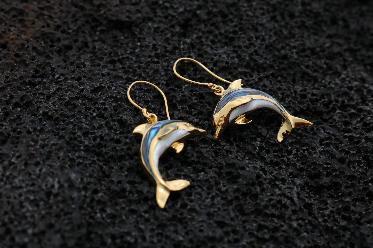18K Gold Vermeil Aumakua Dolphins Earrings. Abalone Paua Shell, Mother of Pearl, 18K Gold, Sterling Silver.