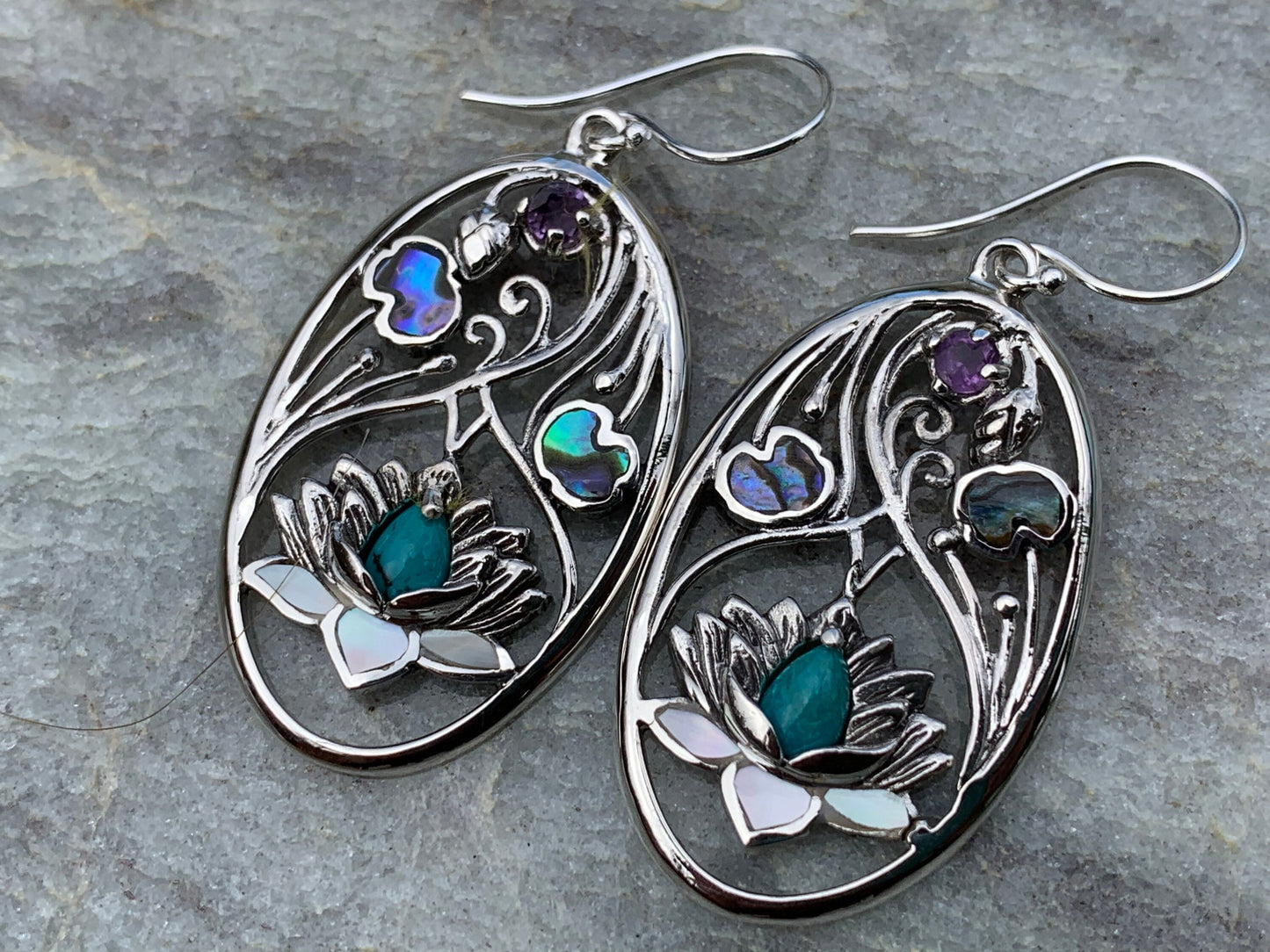 Turquoise Amethyst Lotus Earrings. Sterling Silver. Abalone Shell, Mother of Pearl.